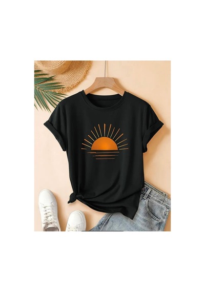 Medinenur Güneş Baskılı Basic T-shirt Siyah