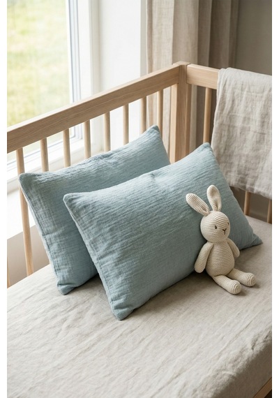 Çift Katlı Müslin Çocuk Yastık Kılıfı %100 Pamuk 35x45 cm 2’li Bebek Çocuk Kılıf Seti Mavi