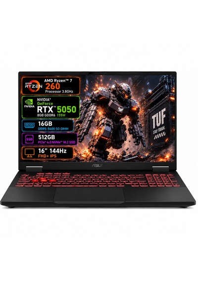 Asus TUF FA608UHI-TU236 Ryzen 7 260 16 GB 512 GB SSD RTX5050 16" Free Dos Dizüstü Bilgisayar