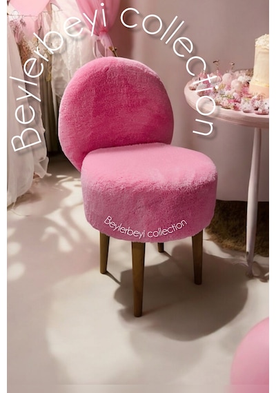 Makyaj Pufu, Sırtlı Puf, Pembe Peluş, Bench,puf, Yüksek Ayaklı Puf ,mini Berjer Pembe