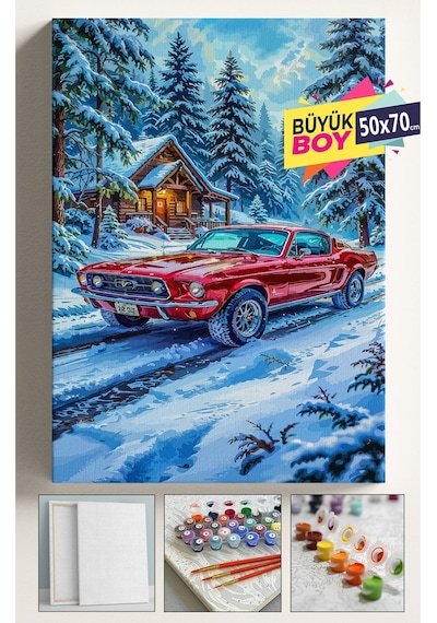 Sayılarla Boyama Seti Numaralı Tuval Fırça Boya Dahil Kasnaklı Set 50x70 Cm - Kırmızı Araba Kar