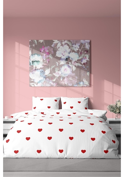 Zeynep Tekstil Nevresim + Yastık Kılıfı Çarşafsız Pamuklu Tek Kişilik Nevresim Seti Kalp Desenli Kırmızı 200 x 220