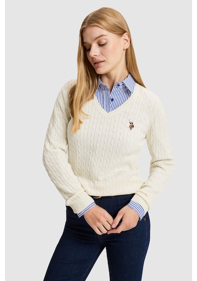 U.S. Polo Assn. Kadın Krem Melanj V Yaka Basic Kazak 50327575-vr159