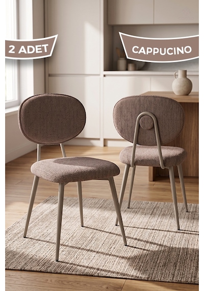 Nubba Serisi 2 Adet Bukle Kumaş Cappucino Metal İskeletli Mutfak Sandalyesi Cappucino Sandalye Cappucino Ayak