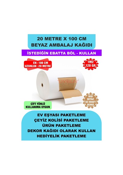 100 Cm X 20 Metre Bobin Beyaz Ambalaj Kağıdı Çift Yönlü, Ev Eşyası, Çeyiz, Hediye, Ürün Paketleme 20 Adet