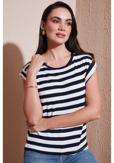 Lela Çizgili Oversize Fit Bisiklet Yaka Bayan T Shirt 5866103 Lacivert