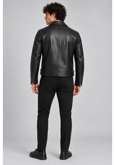 Maison Rae Erkek Siyah Slim Fit Biker Deri Ceket Çapraz Fermuarlı, Çok Cepli, Kemer Tokalı