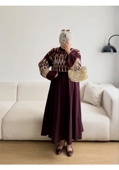 Trend Paris Kadın Etnik Desenli, Bisiklet Yaka, Salaş Triko Kazak - Standart Beden Bordo