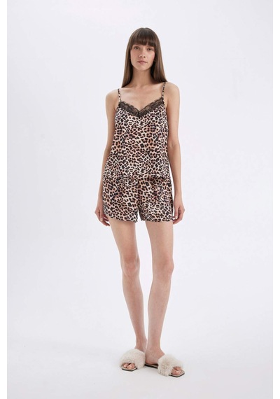 DeFacto Saten Pijama Takımı Leopar Desenli Askılı Üst Esnek Belli Şort-Fall in Love D4406AX24HSBK27