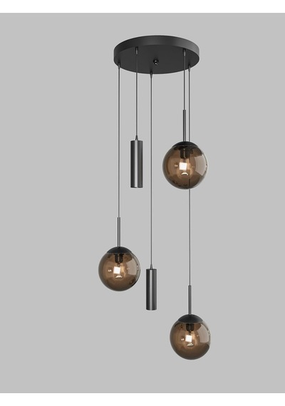 Vienna Modern Siyah Metal Gövdeli 5'li Sarkıt Avize - 3 Bal Cam Küre 2 Led Spot, E27 Duy-g10 Duy Siyah-bal 65 X 100 Çok Renkli