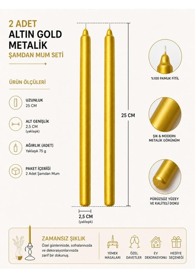 2'li Altın Gold Metalik Şamdan Mum Seti 25 Cm Dekoratif İnce Şamdan Mum, Kokusuz Parafin Wax,%100 Pamuk Fitil, E Çok Renkli