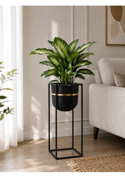 Bitkidunyam Mat Metal Kare Ayaklı Saksı, Altın Detaylı Kenar, Silindirik, Modern Tasarım, 50x21 Cm No:5 Siyah