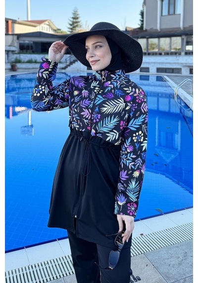 Hmm Swimwear Tam Kapalı Dokuma Tesettür Mayo T244-249 Siyah