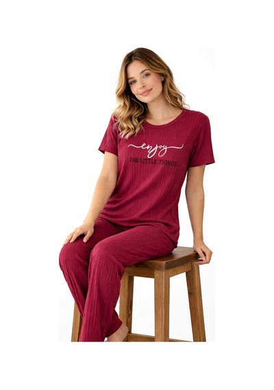 Kadın %100 Pamuk Pijama Takımı Raporlu Kumaş Rahat Kalıp Yazlık Ev Giyim Bordo