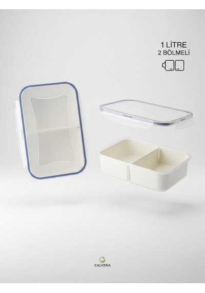2 Bölmeli Sızdırmaz Lunch Box Saklama Kabı - 1 Litre Beslenme Kutusu Şeffaf