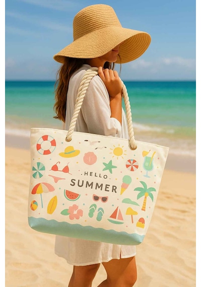 Prendi Home Hello Summer Desenli Büyük Boy Piknik Ve Plaj Çantası Halat Saplı 55x36x15 Cm Çok Renkli