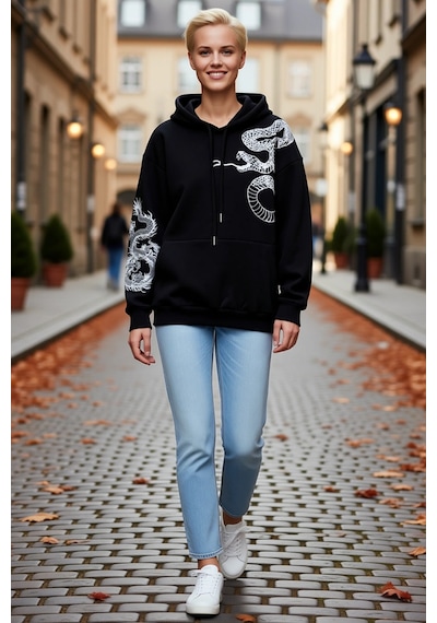 Ersefa Kadın Uzun Kol Kapşonlu Sweatshirt Sol Kolu Ejderha Omzu Yılan Ba siyah