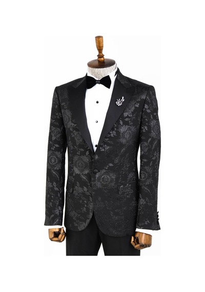 Wessi Çiçek Desenli Sivri Yaka Siyah Erkek Smokin Ceket Siyah