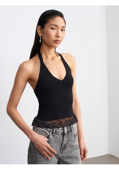 Dilvin 10868 Dantel Detaylı Halter Yaka Triko Bluz-siyah