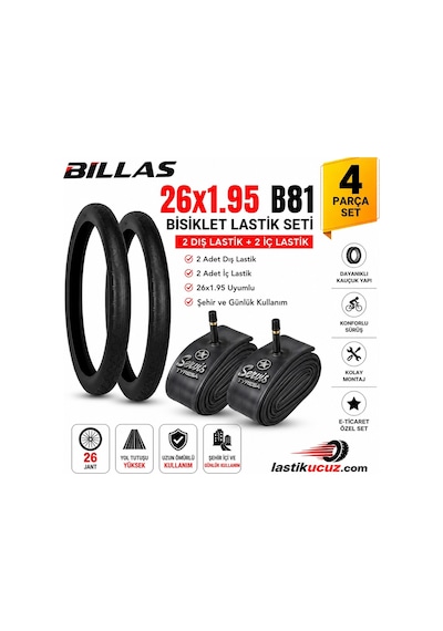 Billas 26x1.95 B81 Bisiklet Lastik Seti 2 Adet Dış Lastik + 2 Adet İç Servis Lastik 26 Jant Mtb Şehir Bisikleti Uyumlu