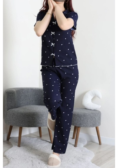 Genel Gömlek Yaka, Kısa Kollu Alt-üst Kadın Pijama Takımı Siyah Ve Beyaz