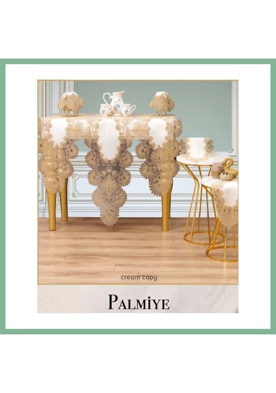 Bşkvirgo Salon Takımı Çeyizlik Palmiye Model Krem-kapiçino 5 Parça Keten Runner Seti Bsk2026