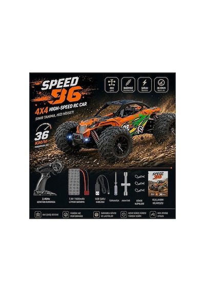 Uzaktan Kumandalı Araba Full Fonksiyon Işıklı Drift 4x4 36km Hız Yapan Jip Off Road Aracı Siyah - Turuncu