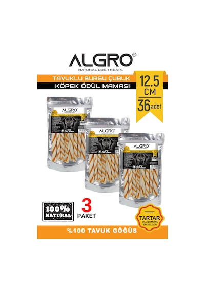 Algro Tavuk Göğüs Etli Burgu Çubuk Sığır Derisi 12.5 CM 3 x 12'li
