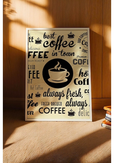 Retro Coffee Tasarım Çerçeveli Tablo - Mutfak Ve Kafe İçin Sanatsal Kahve Duvar Dekoru Beyaz