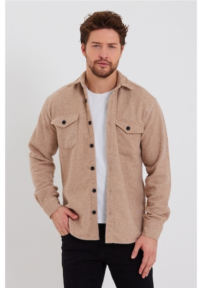 Erkek Vizon Çift Cep Kapaklı Slim Fit Oduncu Gömlek-odg001r9503s Vizon