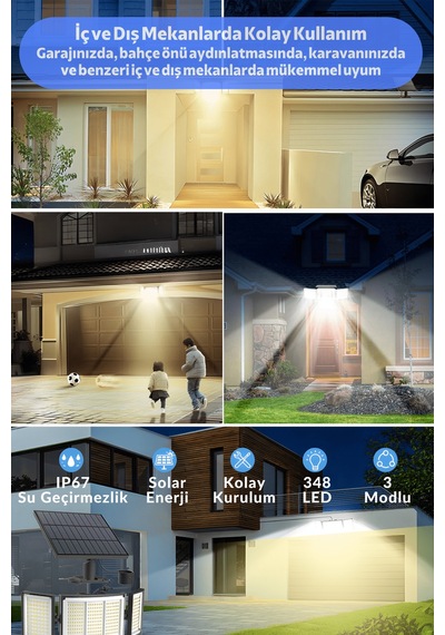 Technosmart Geniş Açılı Solar Projektör Bahçe Aydınlatma 348 Led, Kumanda Kontrollü, Sarı Işık
