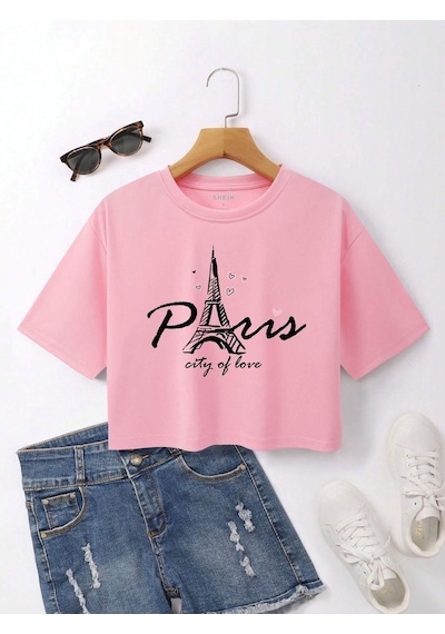 Paris City Of Love Baskılı Kadın Crop Pembe T-shirt Pembe-281020