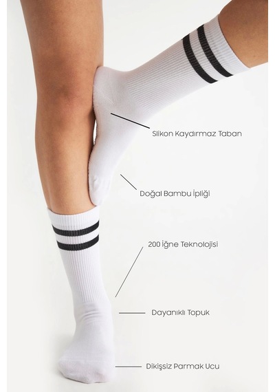 Bamboo Star Bambu Kadın Beyaz Kaydırmaz Taban Silikon Baskı Yoga Fitness Pilates Bale Dans Tenis Çorabı