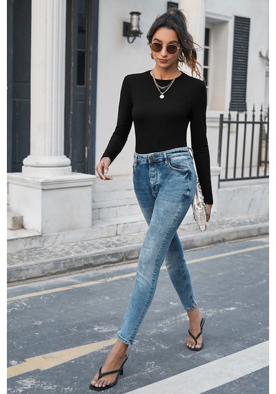 Kadın Siyah Uzun Kollu Fit Basic Crop Top Bluz