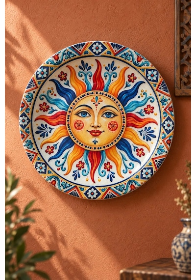 Dekoratif Duvar Tabağı - Güneş Yüzü Desenli - Dekorlu Seramik Tabak