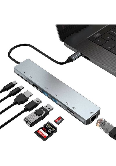 Apple MacBook Uyumlu Air 13.6 Inç A2681 M2 - A3113 M3 Işlemcili Ethernet Usb Typec Hdmı Girişili Çevirici 8in1 Metal