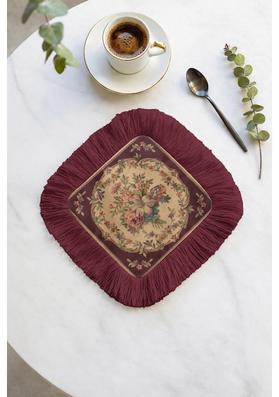 Zarif Vintage Çiçekli Saçaklı Sunum Servis Altlığı Mendil-chic Nostaljik Bordo Krem Sunumluk Peçete Çok Renkli