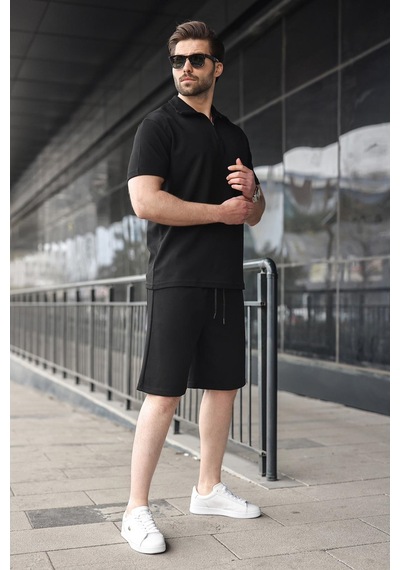 Madmext Siyah Yarım Fermuarlı Polo Yaka T-shirt Şort Takım E7348 Siyah
