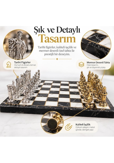 Lüks Metal Satranç Takımı Osmanlı Bizans Figürlü Krom Siyah Mermer Desenli 20x20 Premium Hediye Seti