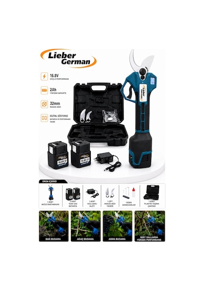 Lieber German Lg015 16.80 Volt Kömürsüz Motor 32mm Ağız Çap 2x Akülü Dal Budama Makası Makinesi