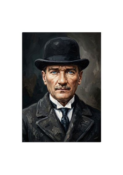 Melon Şapkalı Mustafa Kemal Atatürk Portresi Dekoratif Kanvas - Mdf Ahşap Tablo Çok Renkli