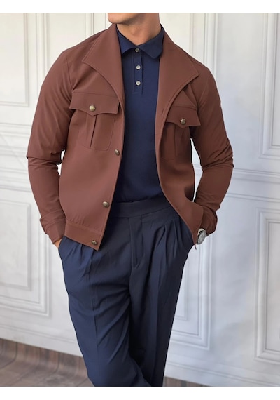Modefendi Slimfit Kalıp Pamuklu Kayık Yaka Mont Kahverengi