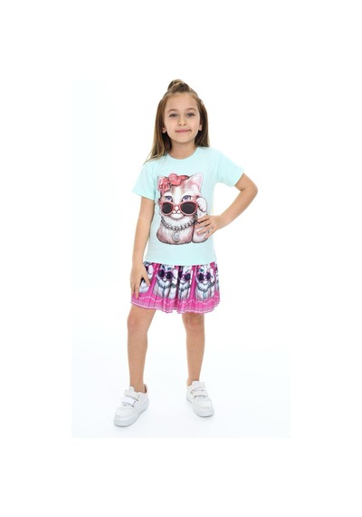 My Kids Wear Sevimli Kedi Etek Tişört Gri - Pudra
