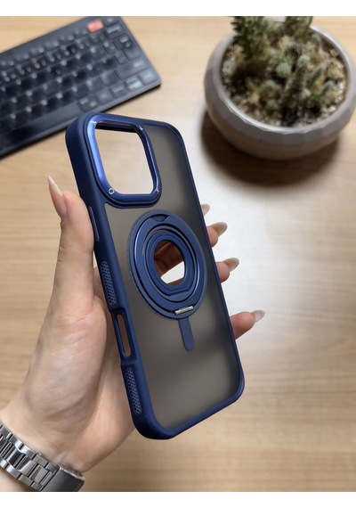 Apple Uyumlu iPhone 16 Pro Standlı Ve Yüzüklü Magsafe Kılıf Soocase721 Lacivert