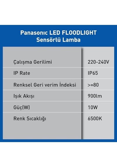 Panasonic Led Projektör Sensorlü, Beyaz Işik 10w 900lm 6500k Çok Renkli