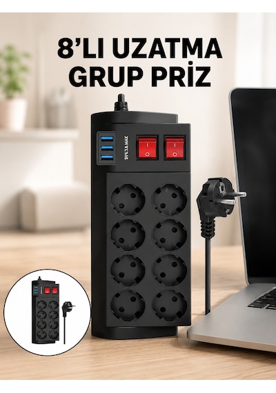 Termal Korumalı 8 Prizli 3 Usb Li Uzatma Kablosu Yeni Nesil - Lisinya Diğer