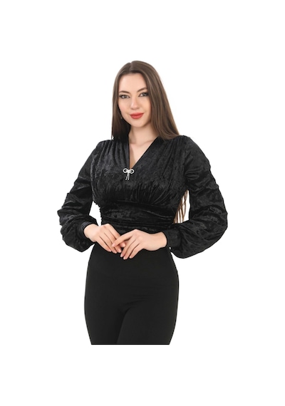 Lodmela Broş Detaylı Kadife Crop 6007-siyah Siyah