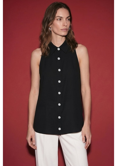 Sateen Halter Yaka Gömlek - Siyah-137481