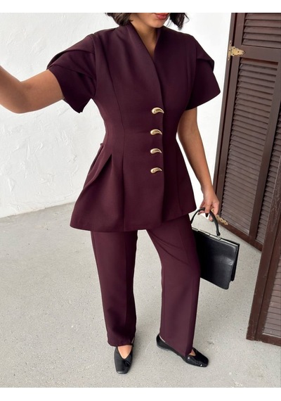 Modadua Gold Düğme Detaylı Peplum Kesim Şık Kadın Takım Mürdüm