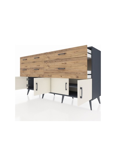 Kronos Konsol Tek Raflı 6 Çekmeceli 4 Kapaklı 176x59x99 Antrasit- Antrasit-aytaşı/çam